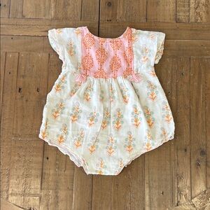 Pink Chicken Floral Romper in Pink and Orange metallic stripes 6-12 months